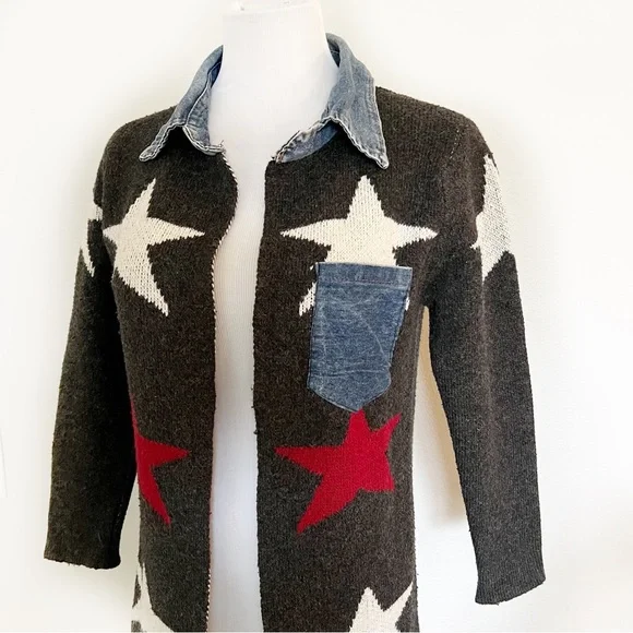 WOOL STAR PRINT CARDIGAN DENIM TRIM OPEN FRONT COLLARED SWEATER COAT GRAY Siz… - Picture 9 of 13